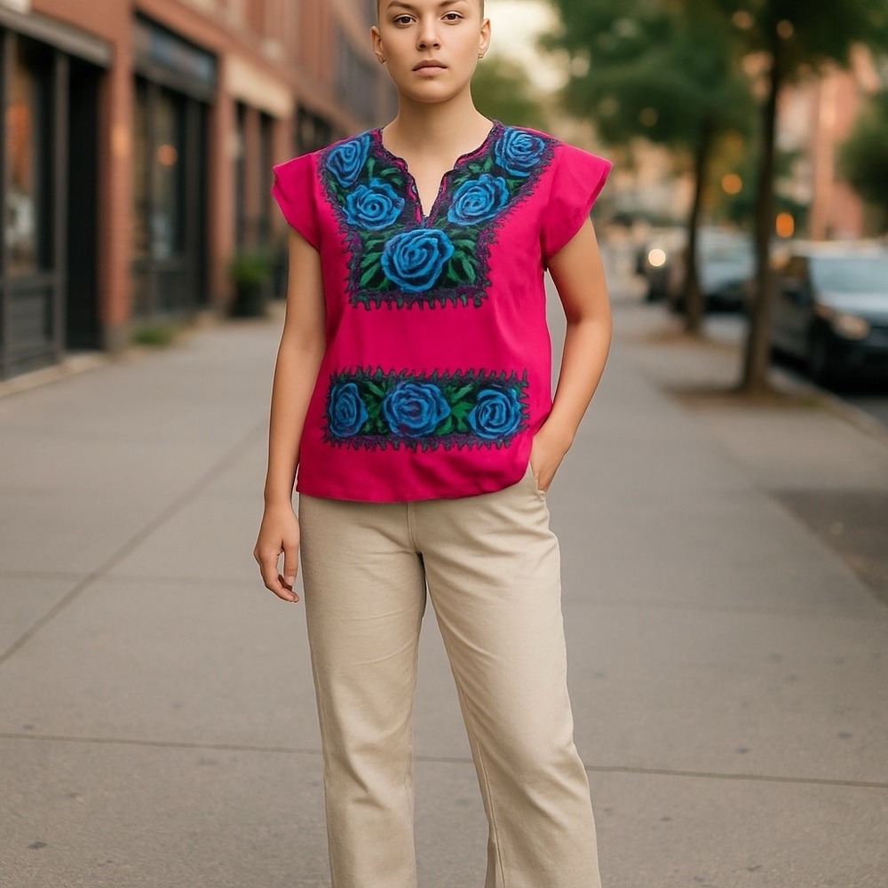 Handcrafted Floral Mexican Huipil Top Balam Hot Pink Embroidered Size M